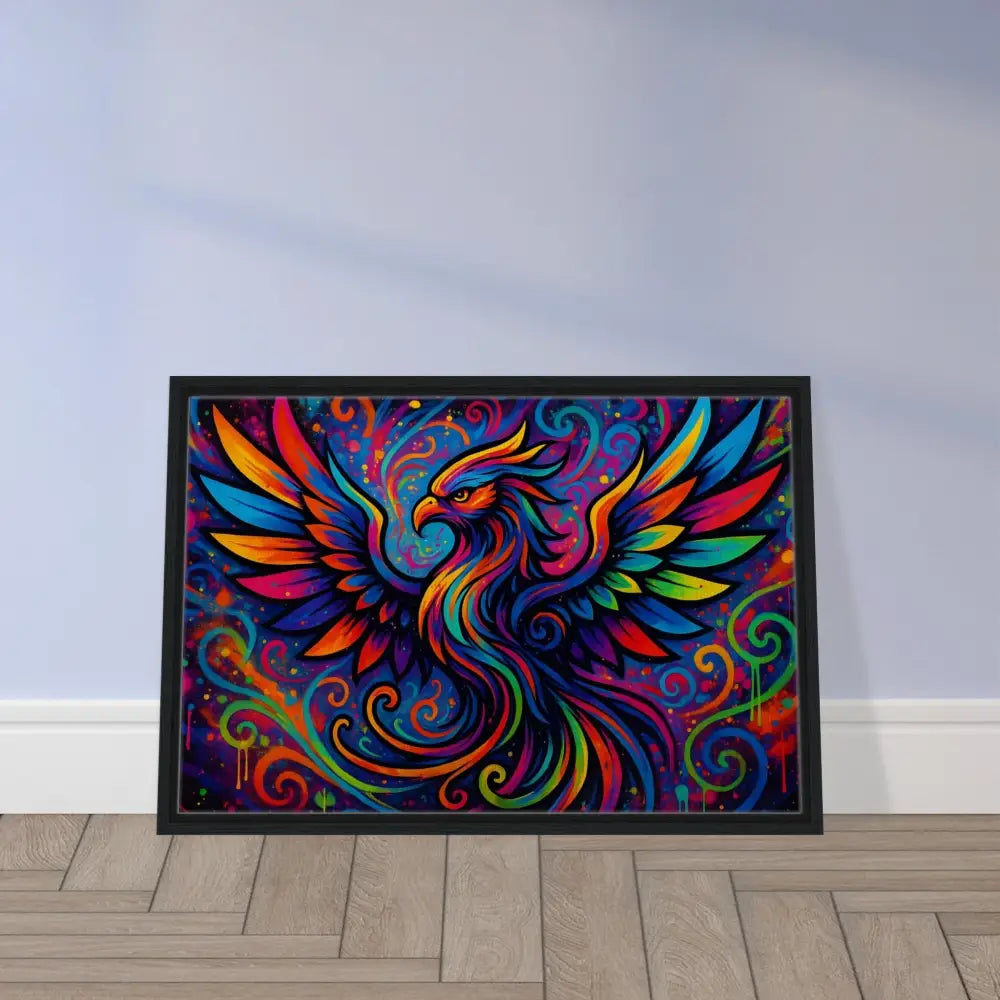 Framed colorful phoenix artwork on PixelsOnyx Neon Flame abstract graffiti canvas