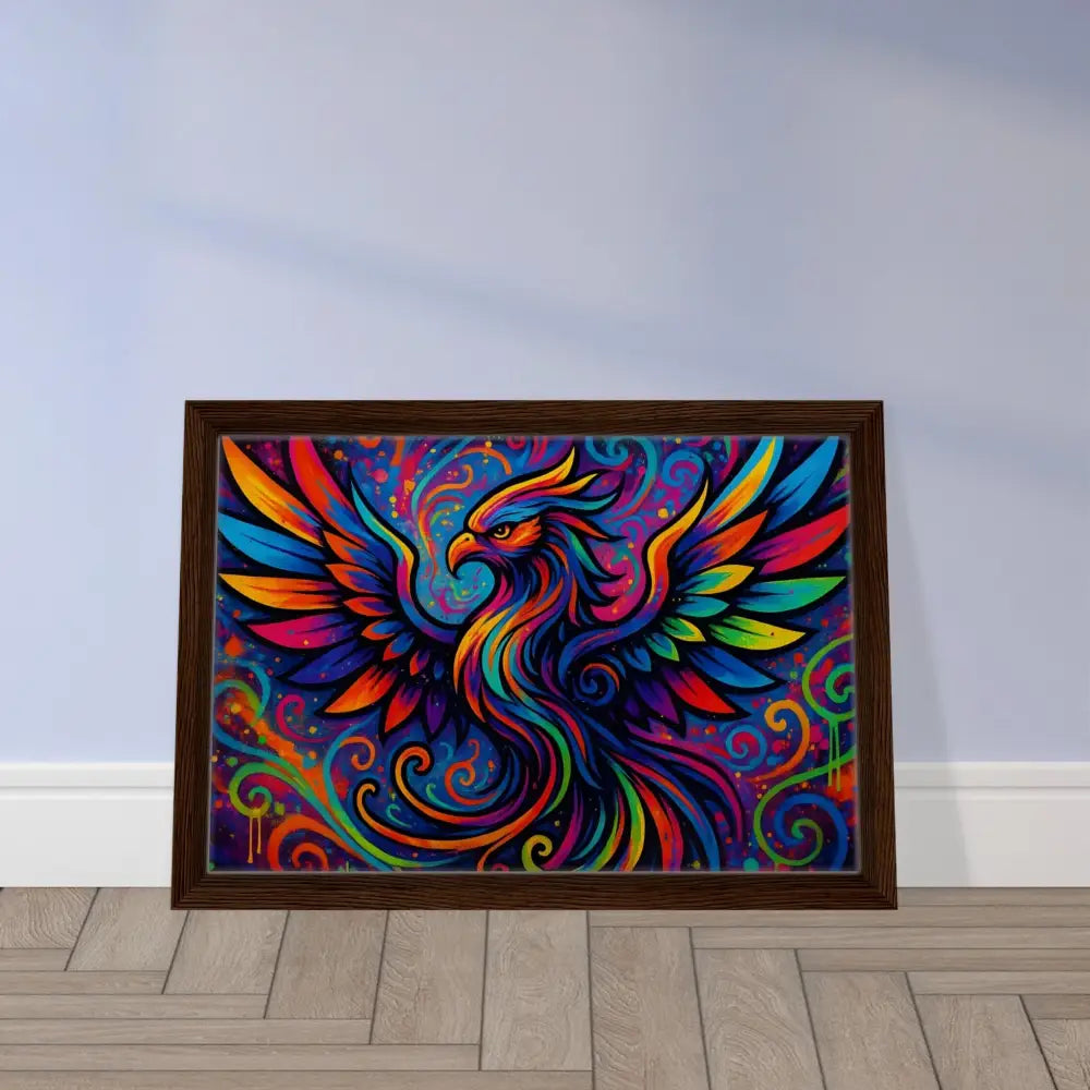 Framed colorful phoenix artwork on neon flame canvas displayed in PixiOnyx abstract graffiti art