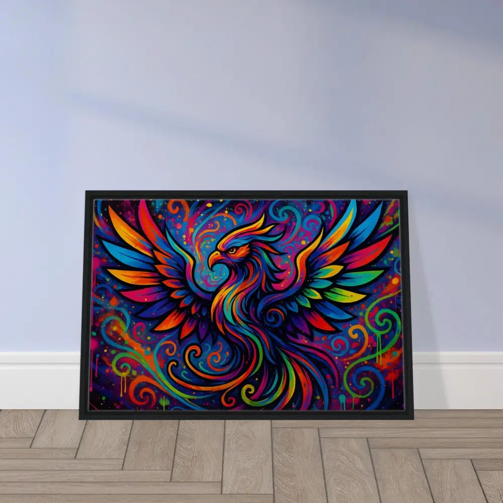 Framed colorful phoenix artwork on neon flame background in PixiOnyx abstract graffiti display