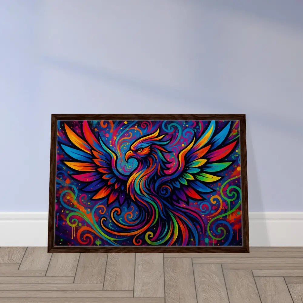 Framed colorful phoenix artwork on Rebirth in Neon Flame Canvas by PixiOnyx