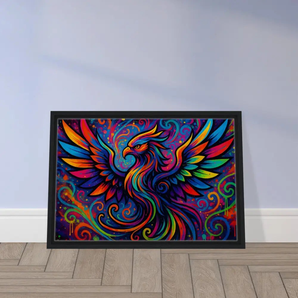 Framed colorful phoenix artwork on PixiOnyx Neon Flame abstract canvas display