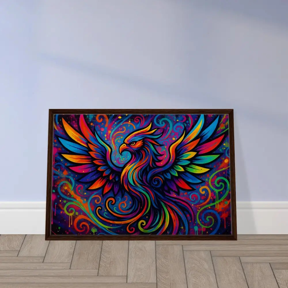Framed colorful phoenix artwork on neon flame canvas in PixiOnyx abstract graffiti display