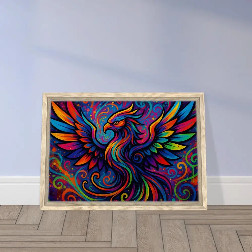 Framed colorful phoenix artwork on neon flame canvas displayed at PixiOnyx Abstract Psychedelic Graffiti Display