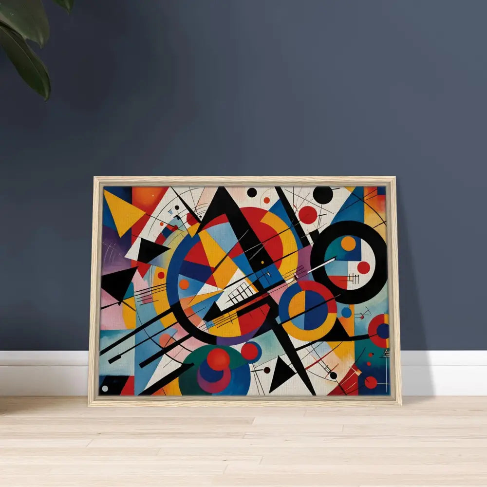 Framed abstract geometric painting titled Rhythmic Geometry on PixiOnyx Canvas