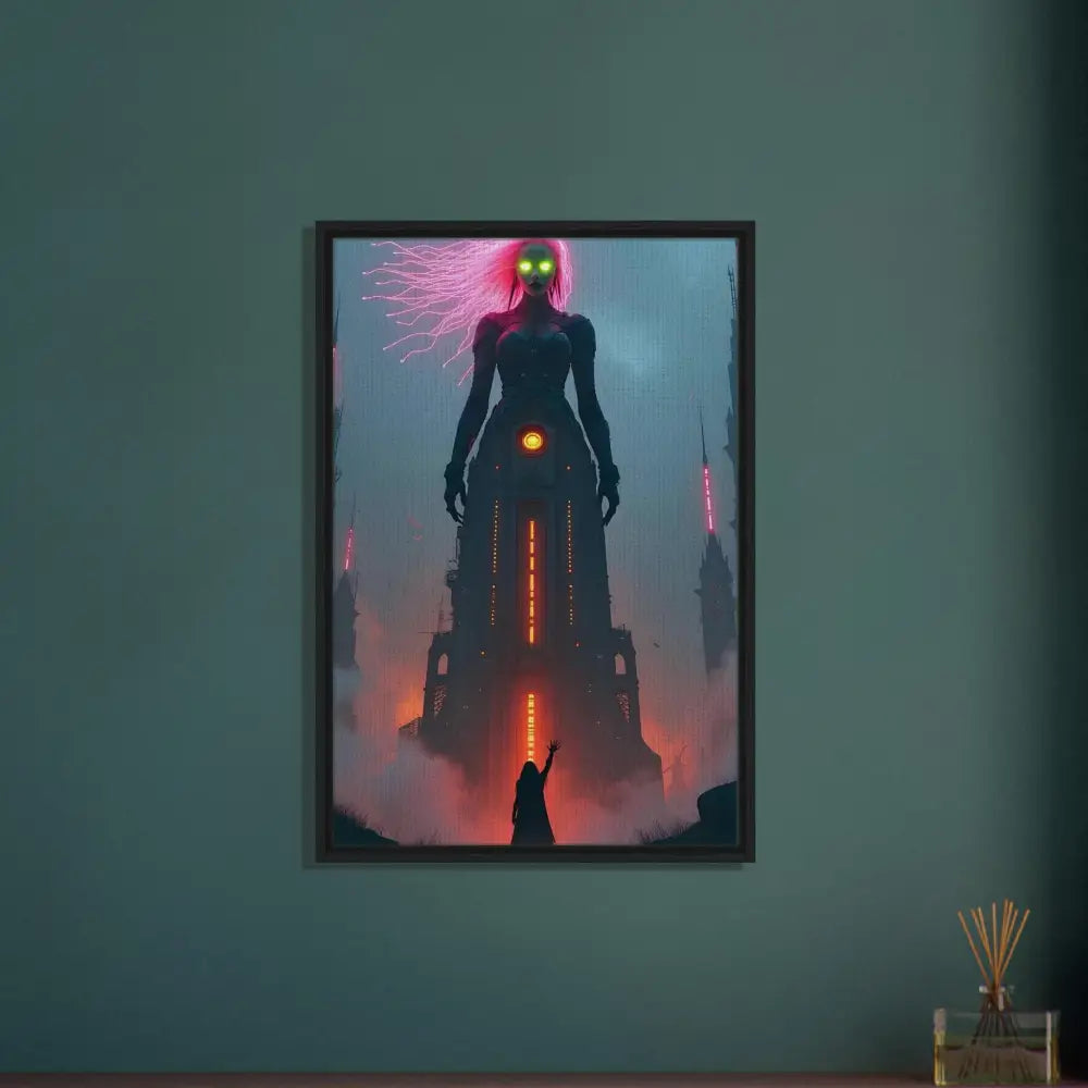 Framed fantasy art displayed in PixiOnyx Techno-Myth Showcase Canvas product