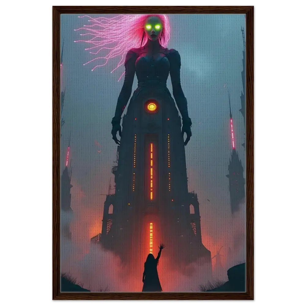 Framed fantasy sci-fi fairytale art displayed on PixiOnyx Techno-Myth Showcase canvas