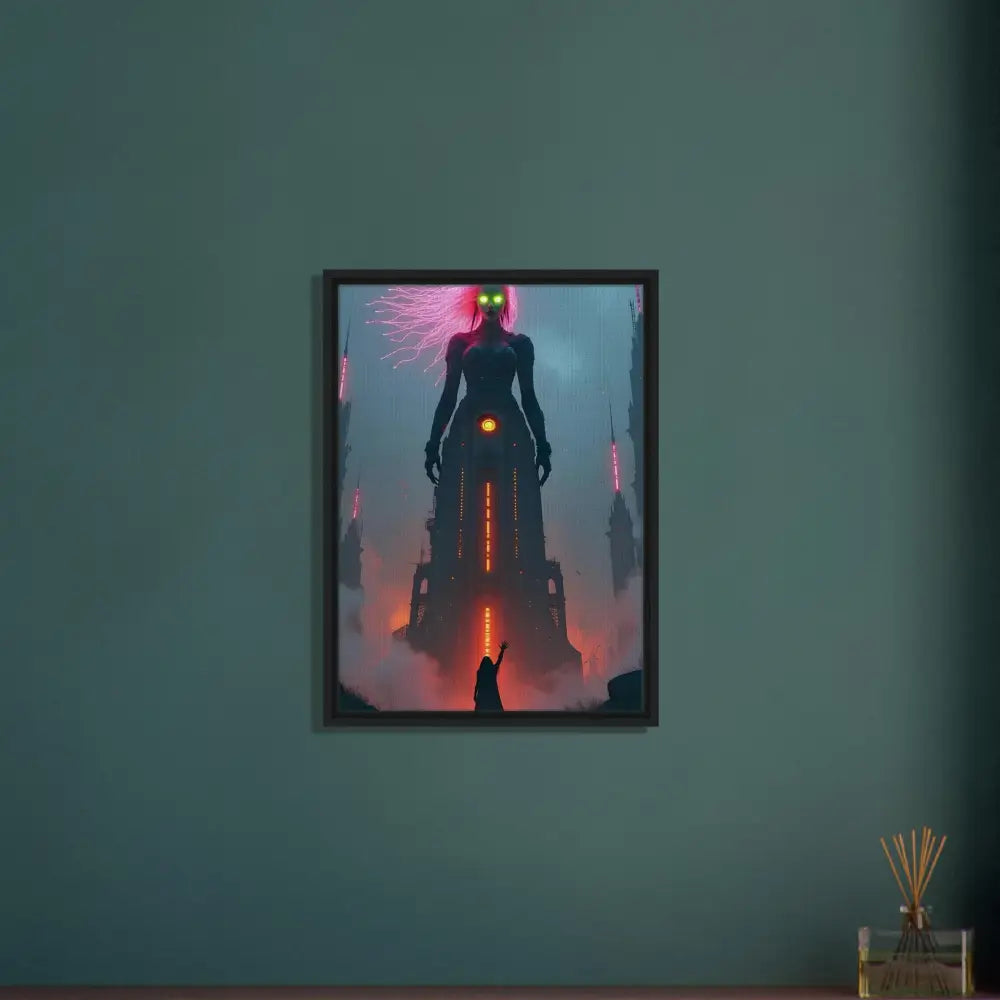 Framed futuristic sci-fi fairytale artwork displayed in PixiOnyx Techno-Myth Showcase
