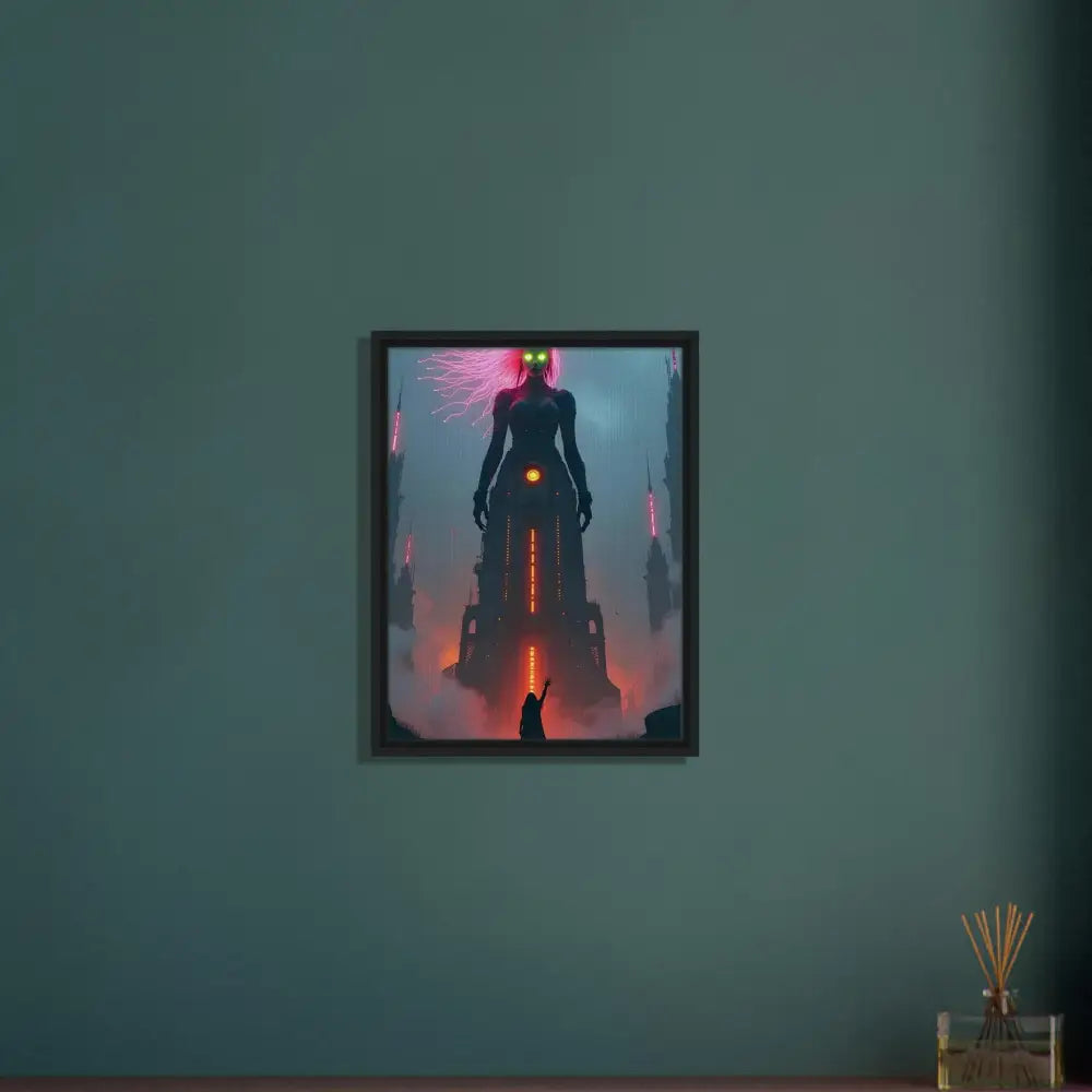 Framed fantasy art canvas displayed in PixiOnyx Techno-Myth Showcase product