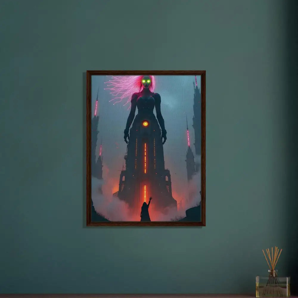 Framed fantasy art displayed in PixiOnyx Techno-Myth Showcase Canvas product