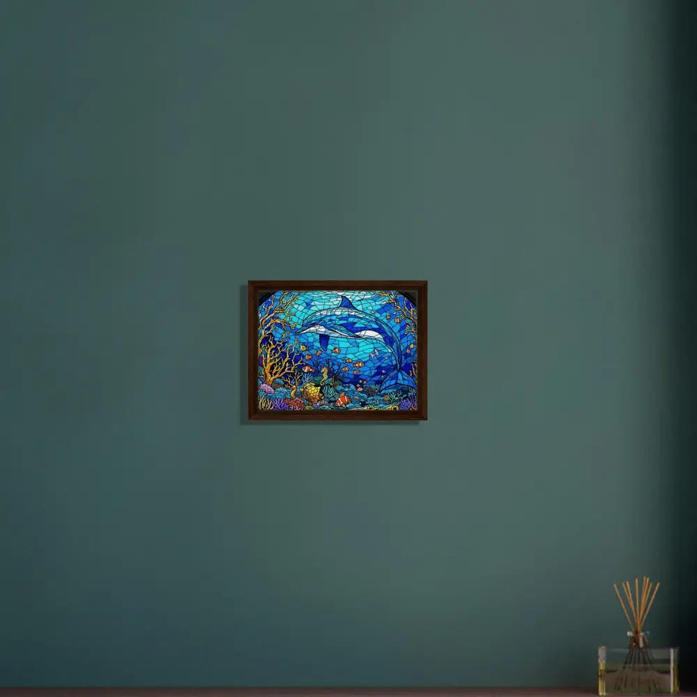 Framed stained-glass orca artwork on display in PixiOnyx Oceanlight Relic Canvas