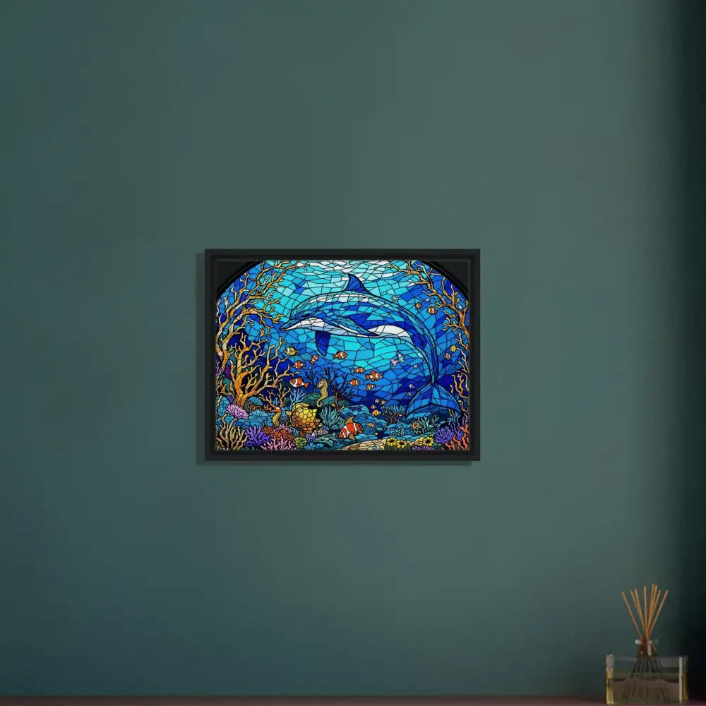 Framed stained glass dolphin art displayed in PixiOnyx Oceanlight Relic Canvas product