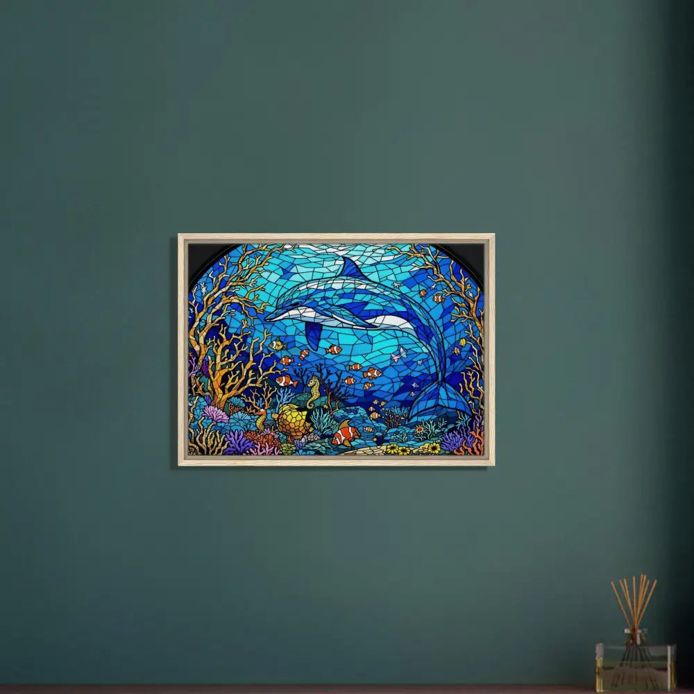Framed stained-glass dolphin artwork on PixiOnyx Oceanlight Relic Canvas Sea Cathedral