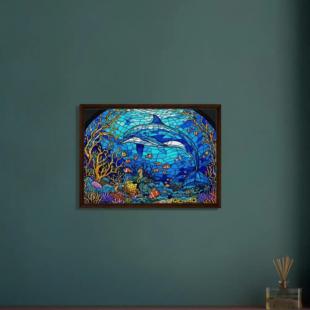 Framed Stained Glass Dolphin Artwork on PixiOnyx Oceanlight Relic Canvas
