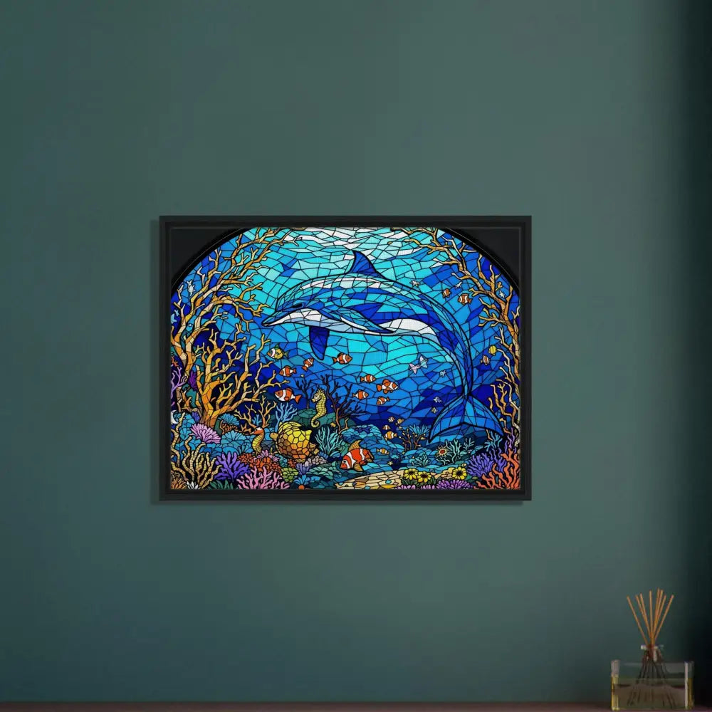 Dolphin stained glass artwork on framed canvas Sea Cathedral PixiOnyx Oceanlight Relic