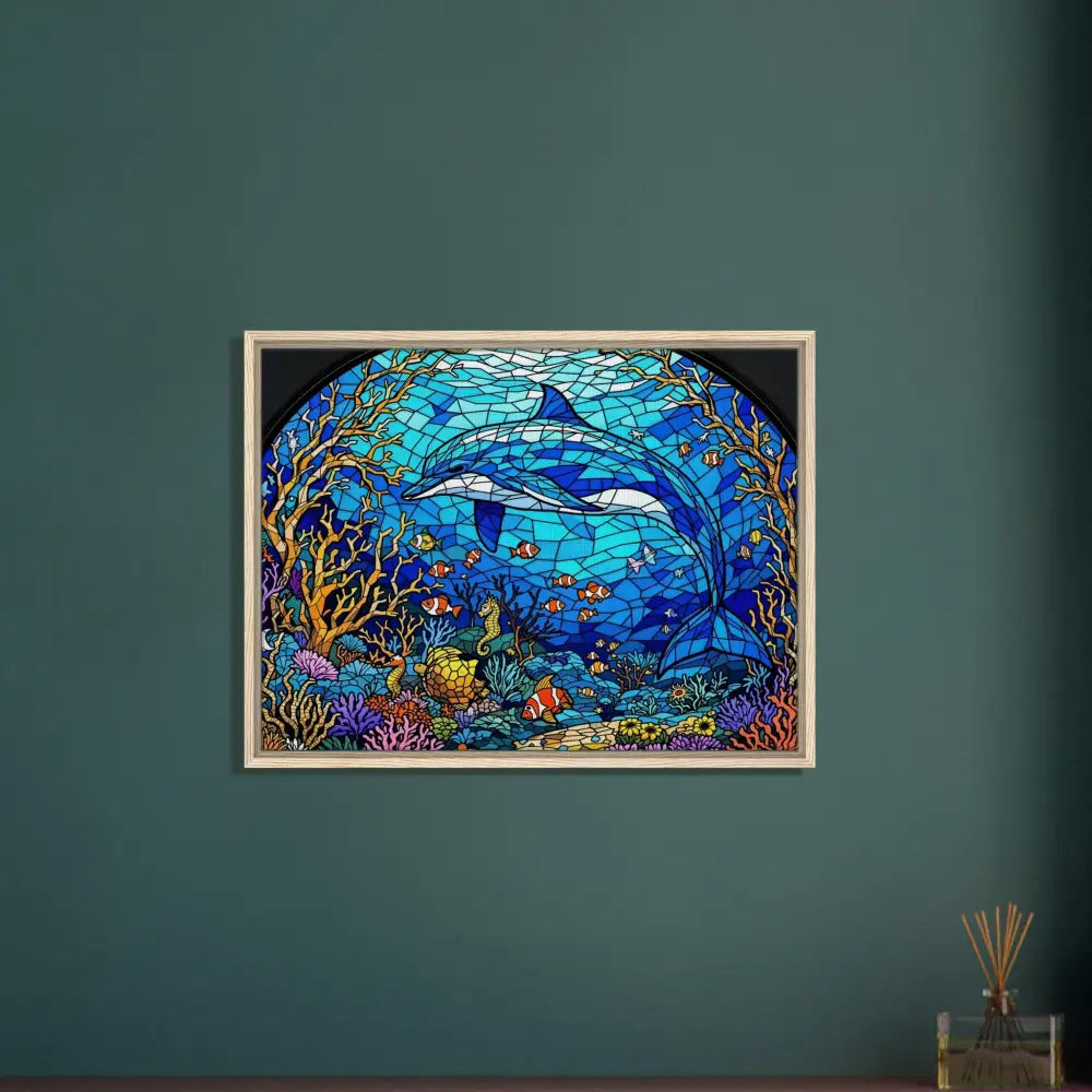 Framed stained-glass dolphin artwork from PixiOnyx Oceanlight Relic Sea Cathedral Canvas