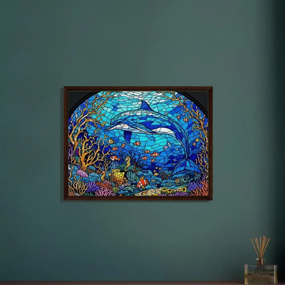 Framed stained glass dolphin artwork on PixiOnyx Oceanlight Relic Canvas Sea Cathedral