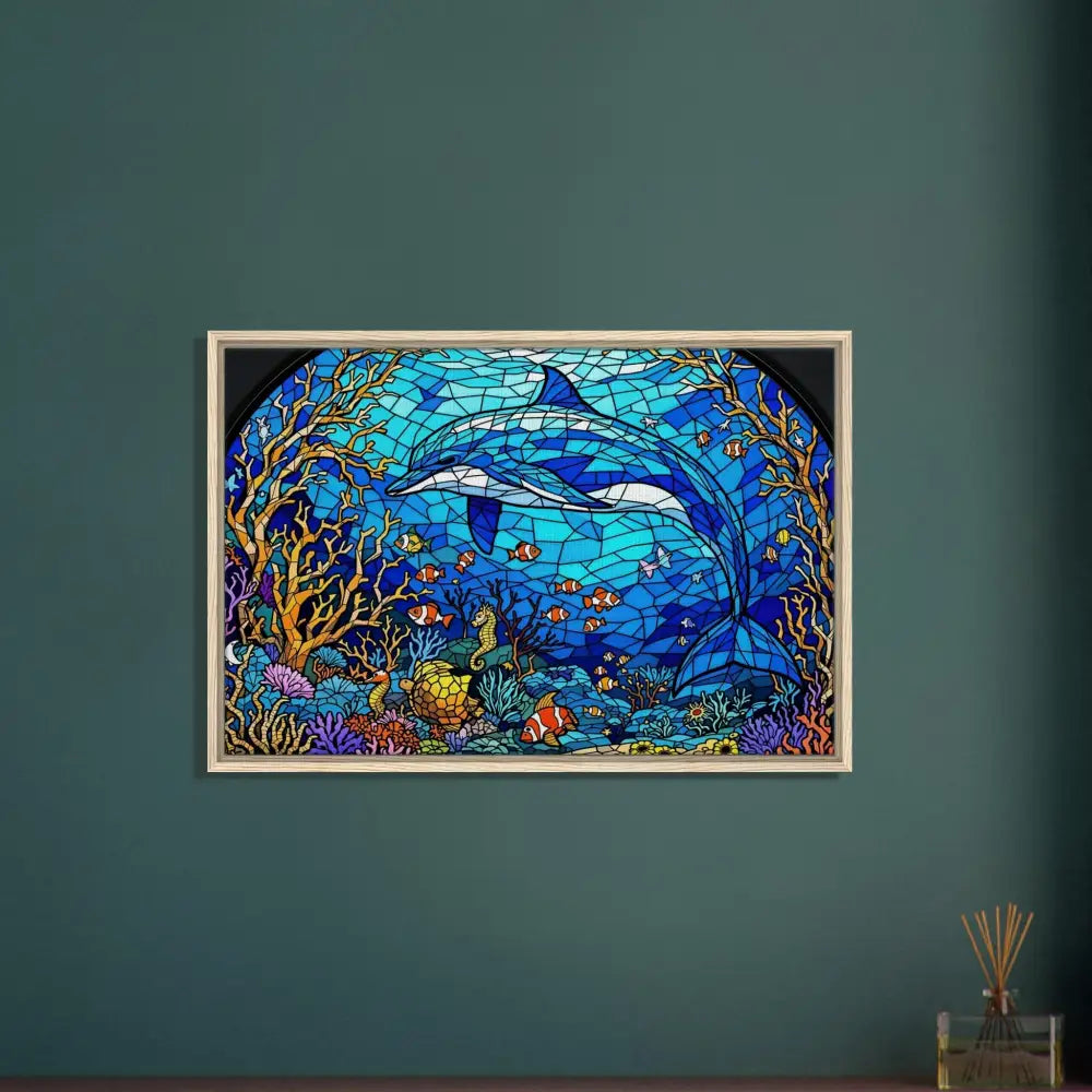 Framed stained glass dolphin artwork on PixiOnyx Oceanlight Relic Canvas sea cathedral display