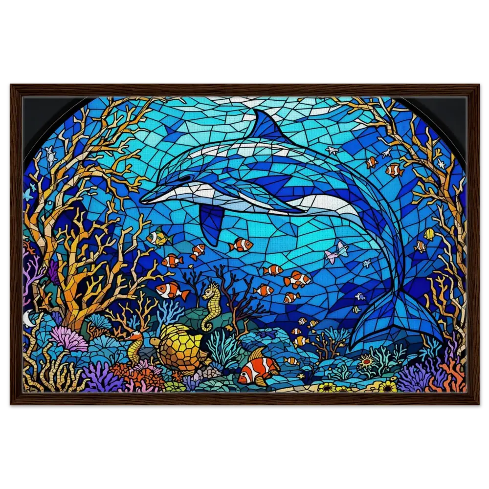 Stained glass dolphin scene on Framed Canvas Sea Cathedral PixiOnyx Oceanlight Relic