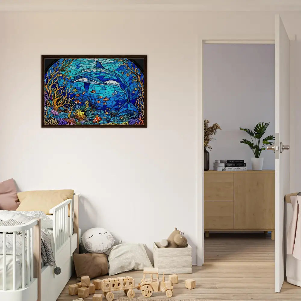 Framed dolphin stained-glass artwork from PixiOnyx Oceanlight Relic Sea Cathedral collection
