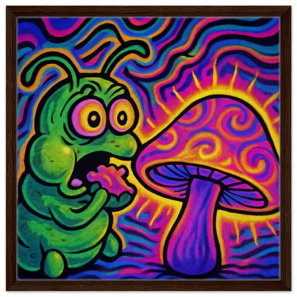 Psychedelic caterpillar eating mushroom on PixiOnyx Framed Canvas Shroomapillar Snack Attack