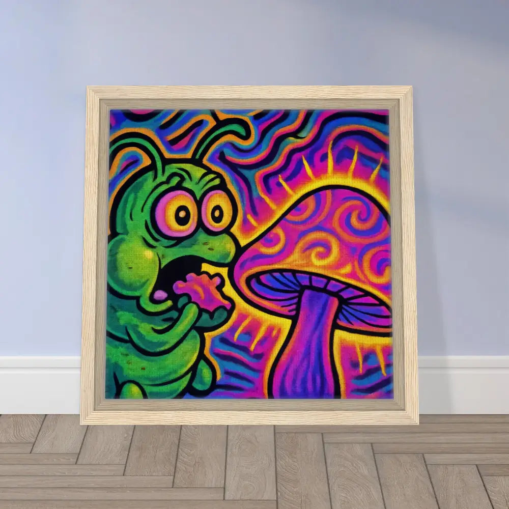 Framed psychedelic art of Shroomapillar Snack Attack on PixiOnyx Premium Canvas