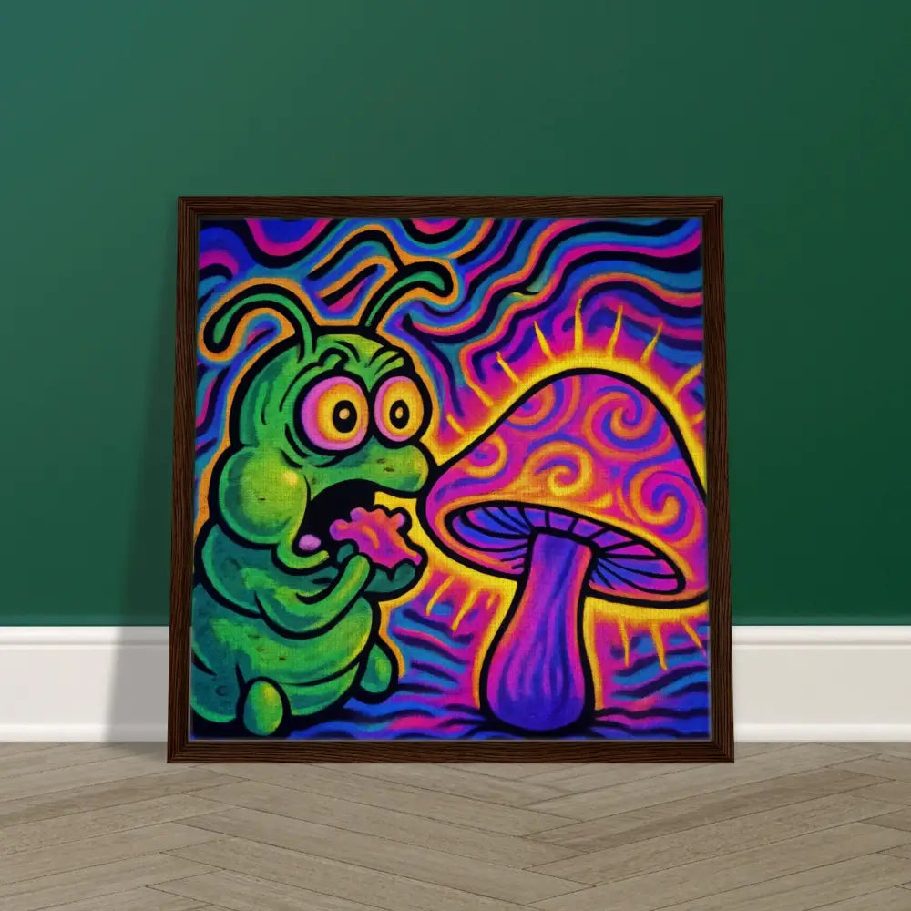 Psychedelic caterpillar and mushroom art on Framed Canvas Shroomapillar Snack Attack PixiOnyx