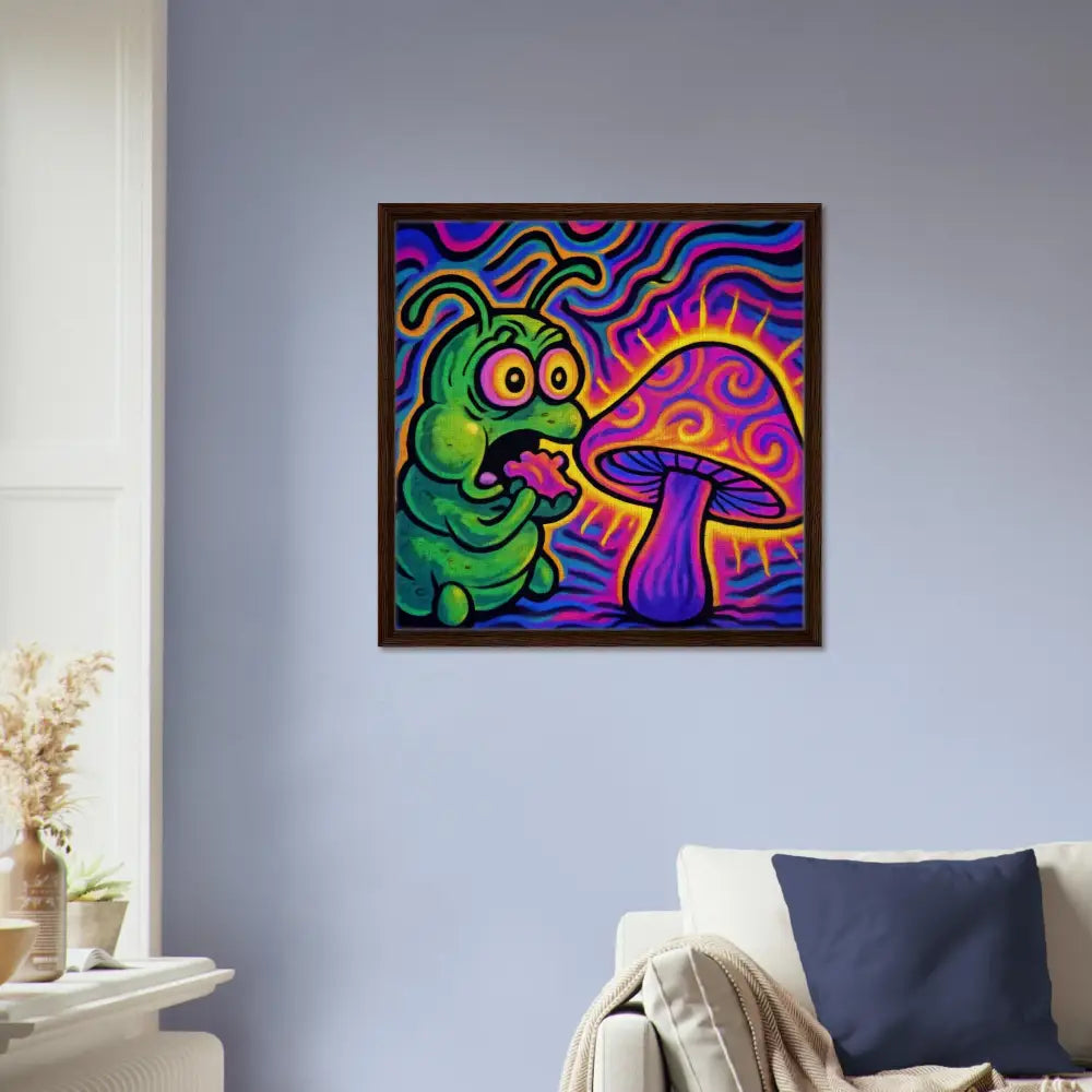 Framed psychedelic caterpillar and mushroom art on PixiOnyx canvas for vibrant wall decor