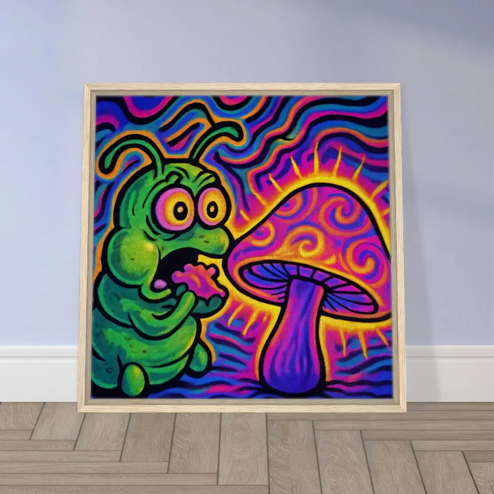Framed psychedelic cartoon art on canvas for Shroomapillar Snack Attack PixiOnyx frame