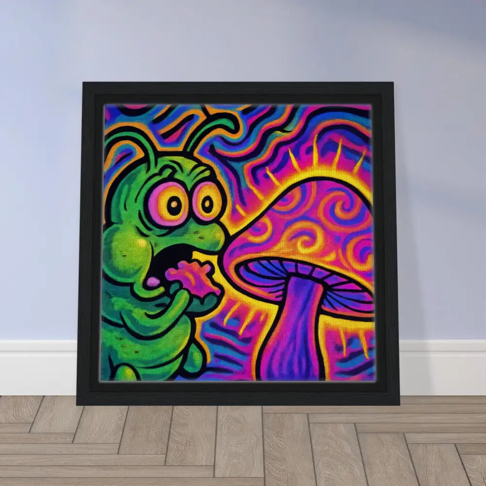 Framed psychedelic caterpillar and mushroom artwork on a premium canvas frame