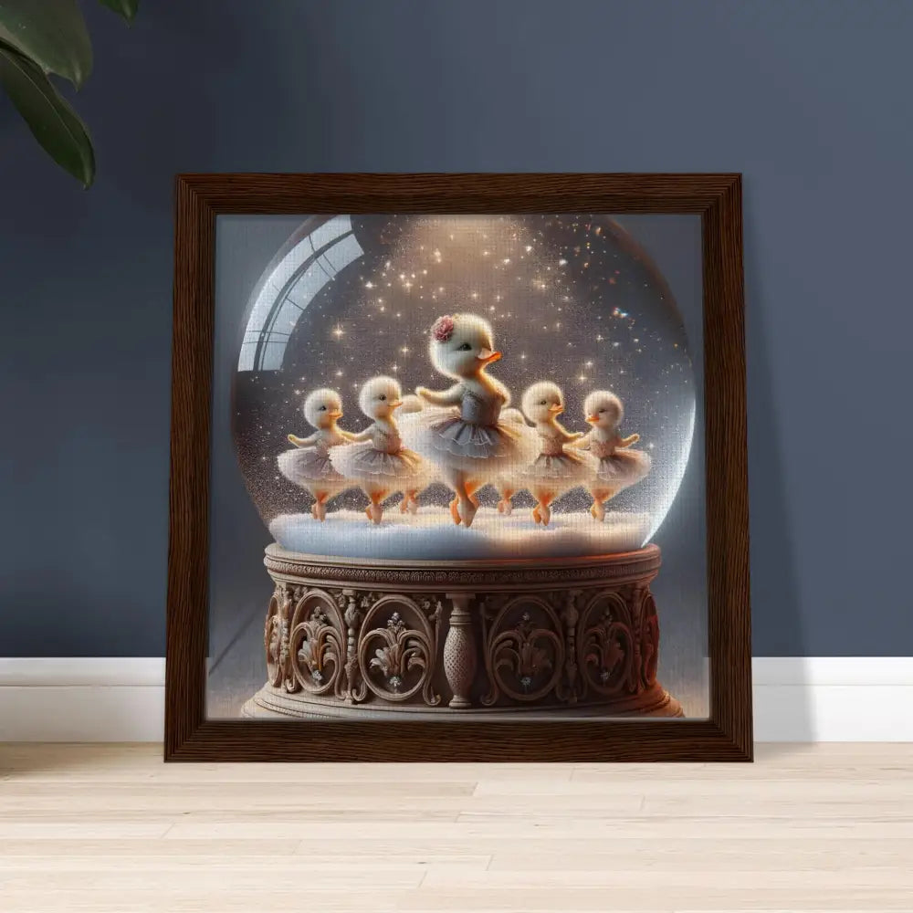 Framed duckling ballerina snow globe displayed on PixiOnyx Whimsical Winter Print