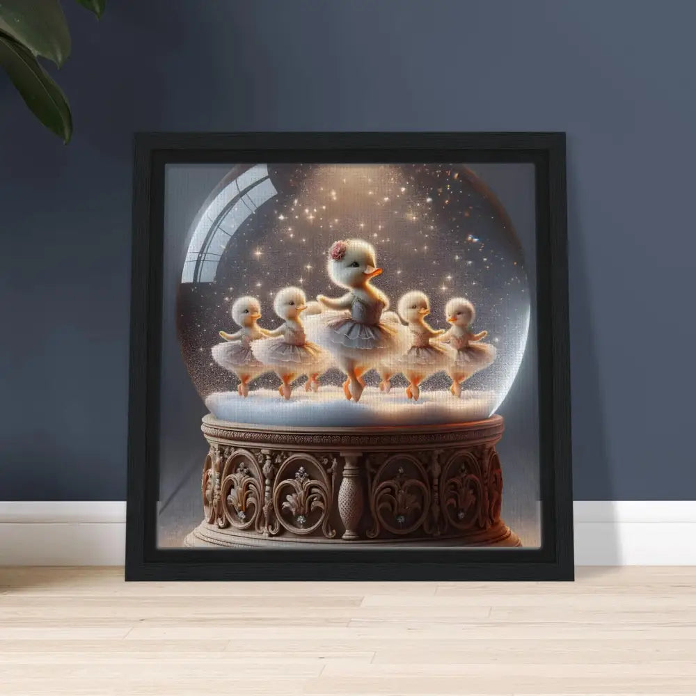 Framed canvas of snow globe featuring duckling ballerinas whimsical winter art
