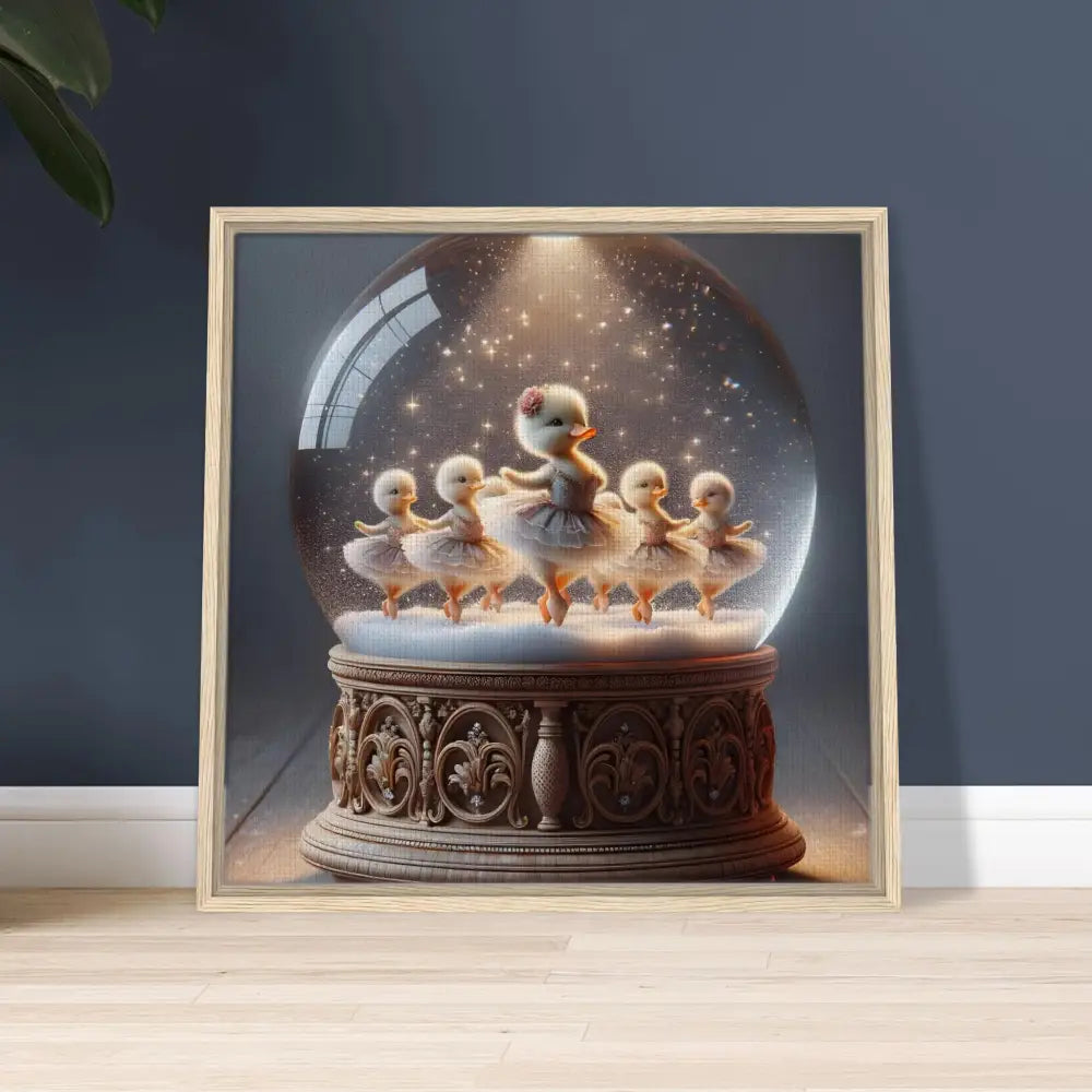 Duckling ballerina snow globe displayed on PixiOnyx Whimsical Winter Print framed canvas