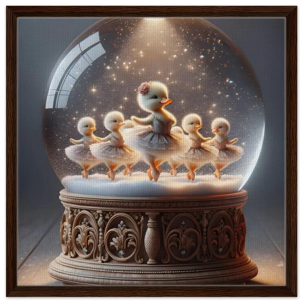 Duckling ballerina snow globe on a winter-themed PixiOnyx framed canvas print
