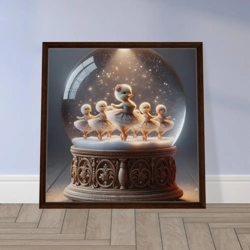 Framed Canvas featuring Snow Globe Ballerinas with Duckling figurines in whimsical winter scene