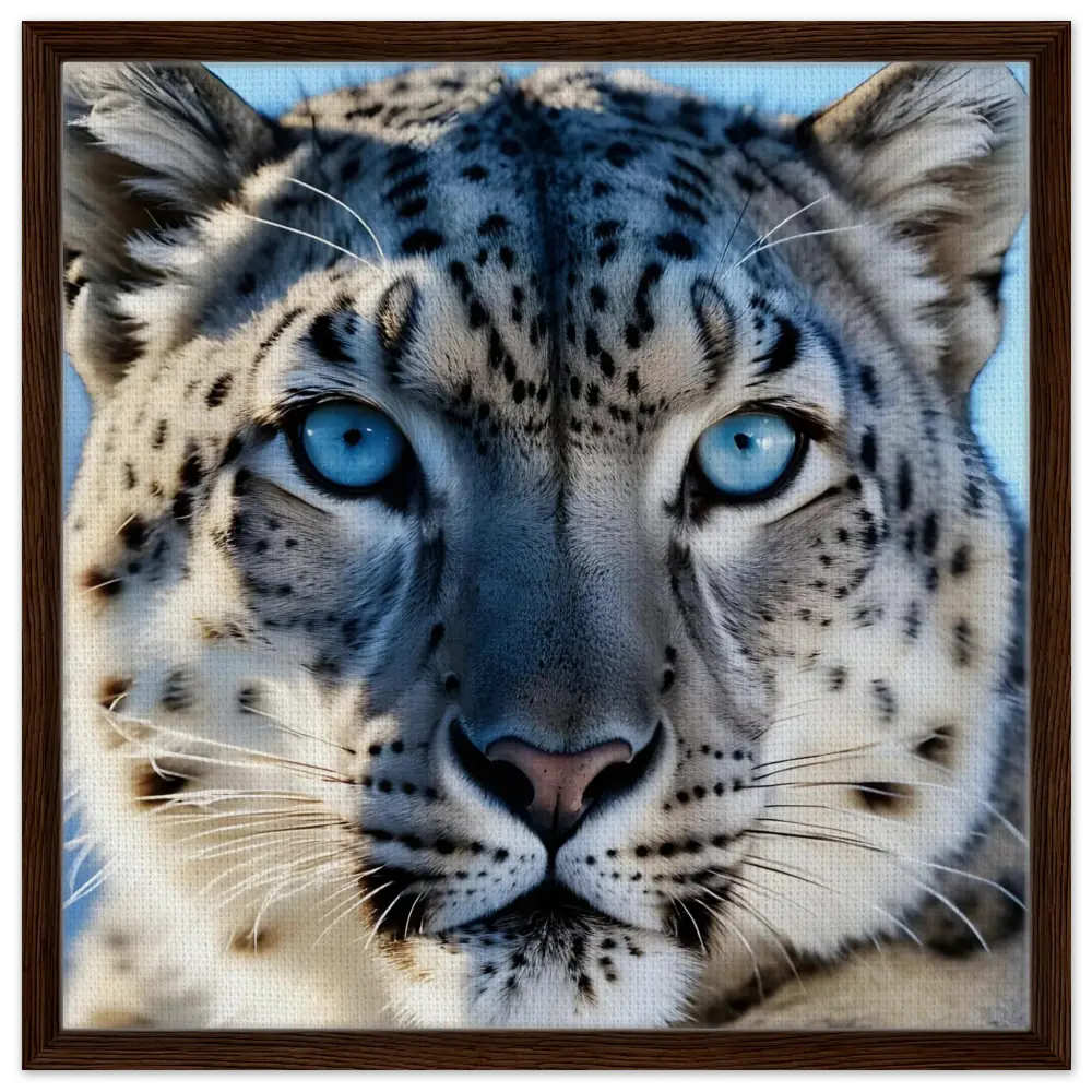 Framed snow leopard portrait artwork in PixiOnyx Precision Predator Display