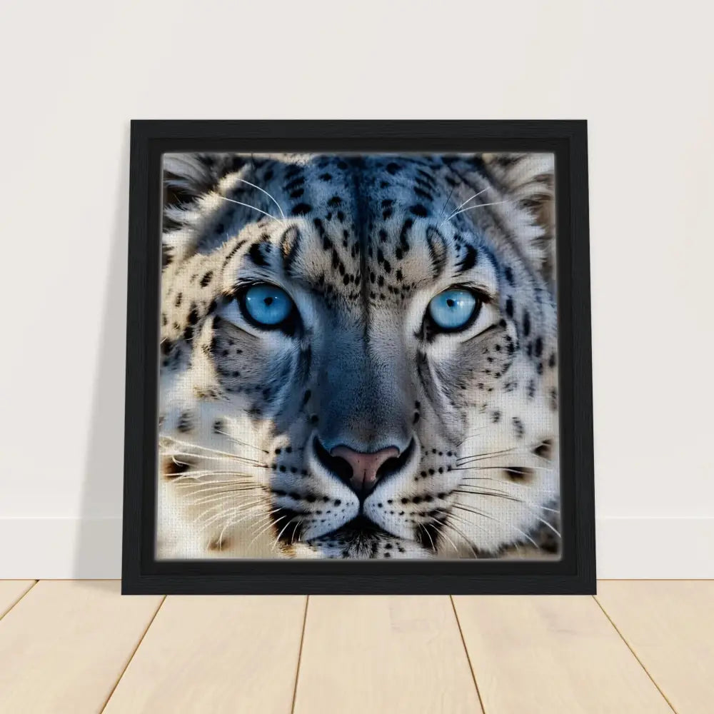 Framed snow leopard portrait displayed in PixiOnyx Precision Predator Canvas Art