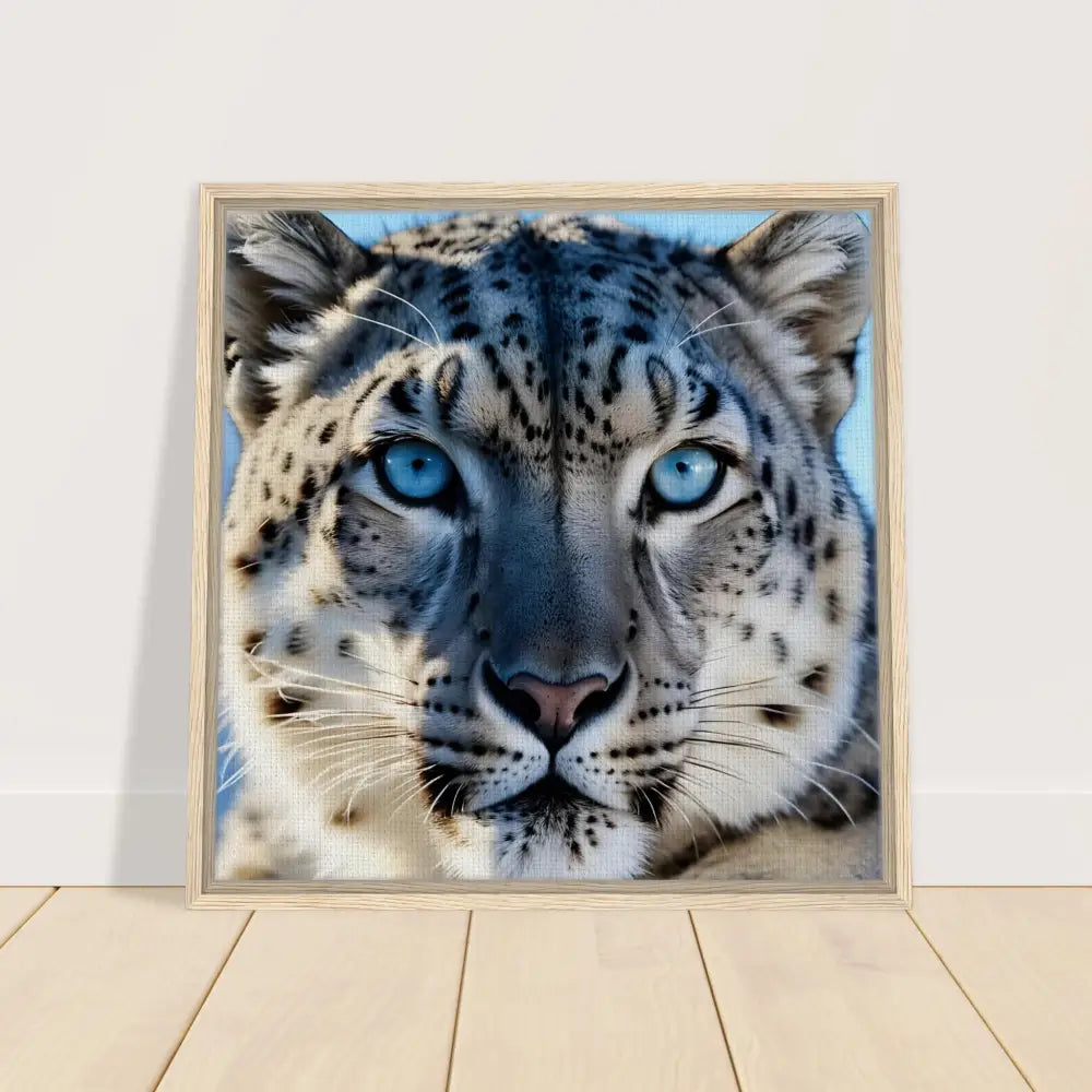 Framed Snow Leopard Portrait on PixiOnyx Canvas Display showcasing a Precision Predator design