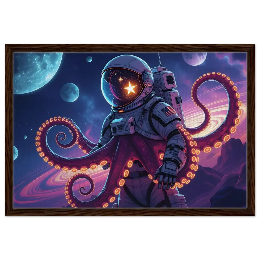 Framed astronaut octopus artwork on canvas from PixiOnyx Space Octonaut collection