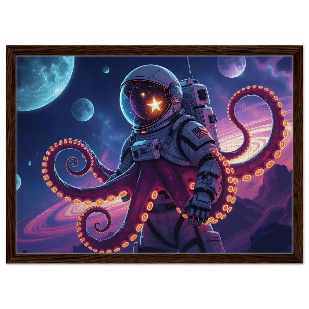 Framed astronaut octopus artwork on canvas in Space Octonaut design by PixiOnyx