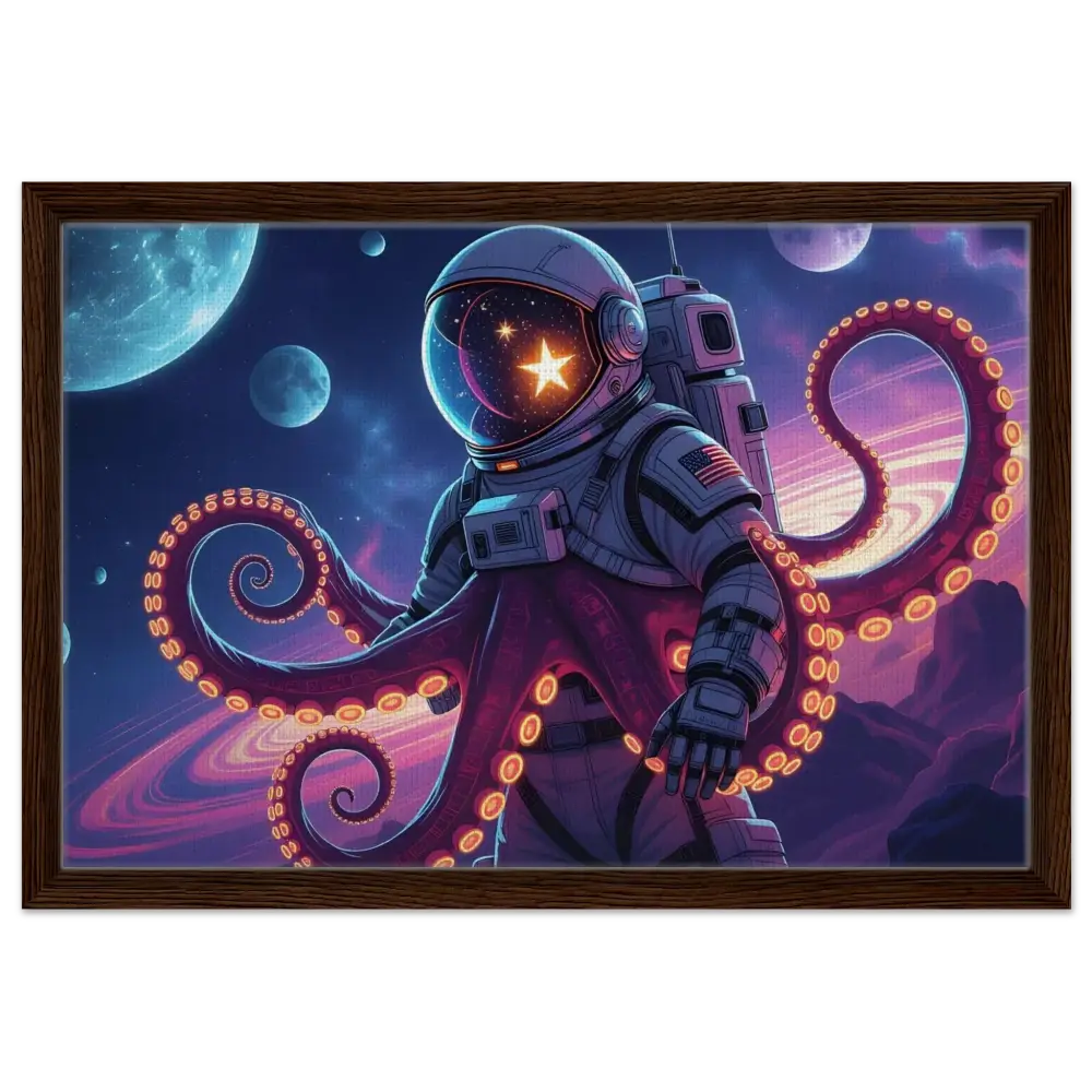 Framed astronaut octopus canvas art from PixiOnyx Space Octonaut collection