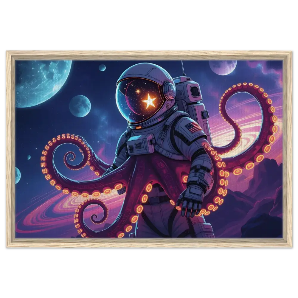 Framed astronaut octopus artwork on canvas for Space Octonaut decor by PixiOnyx
