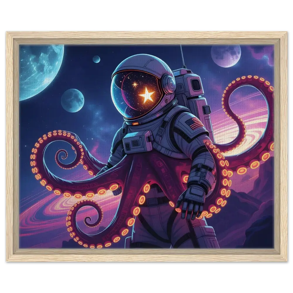 Framed astronaut octopus artwork on canvas in space-themed PixiOnyx Hybrid Deep-Space Drop