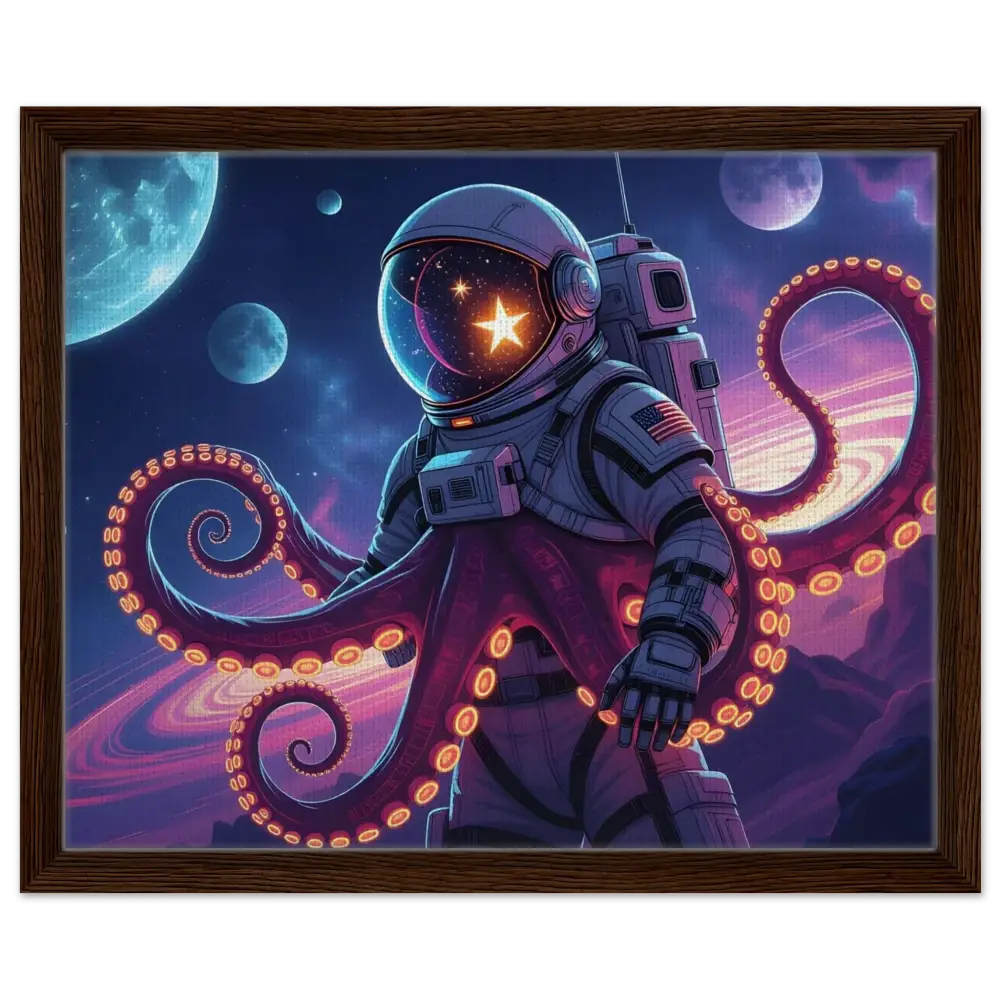 Framed astronaut octopus artwork on canvas from PixiOnyx Space Octonaut collection