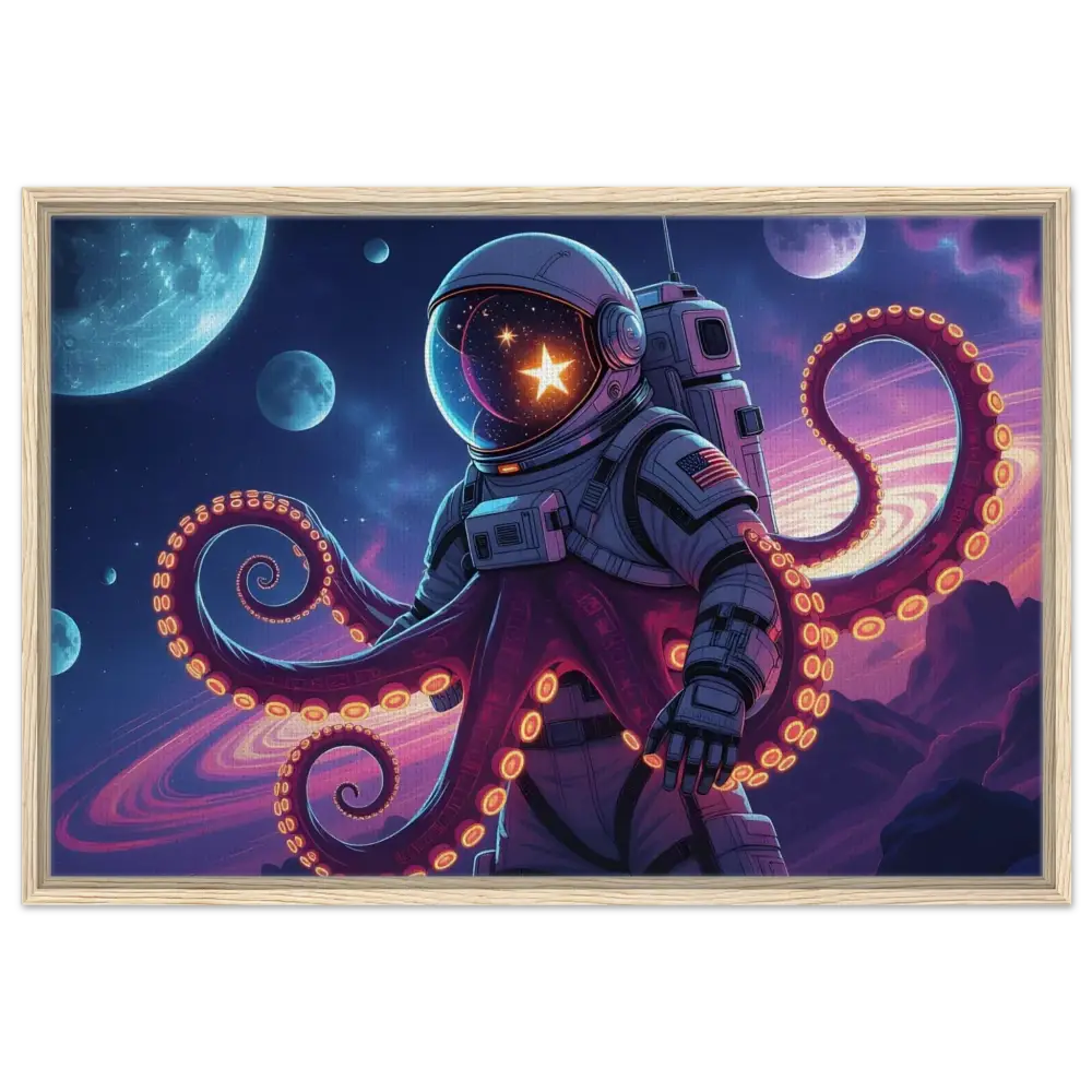 Framed astronaut octopus artwork on canvas for Space Octonaut PixiOnyx Hybrid Deep-Space Drop