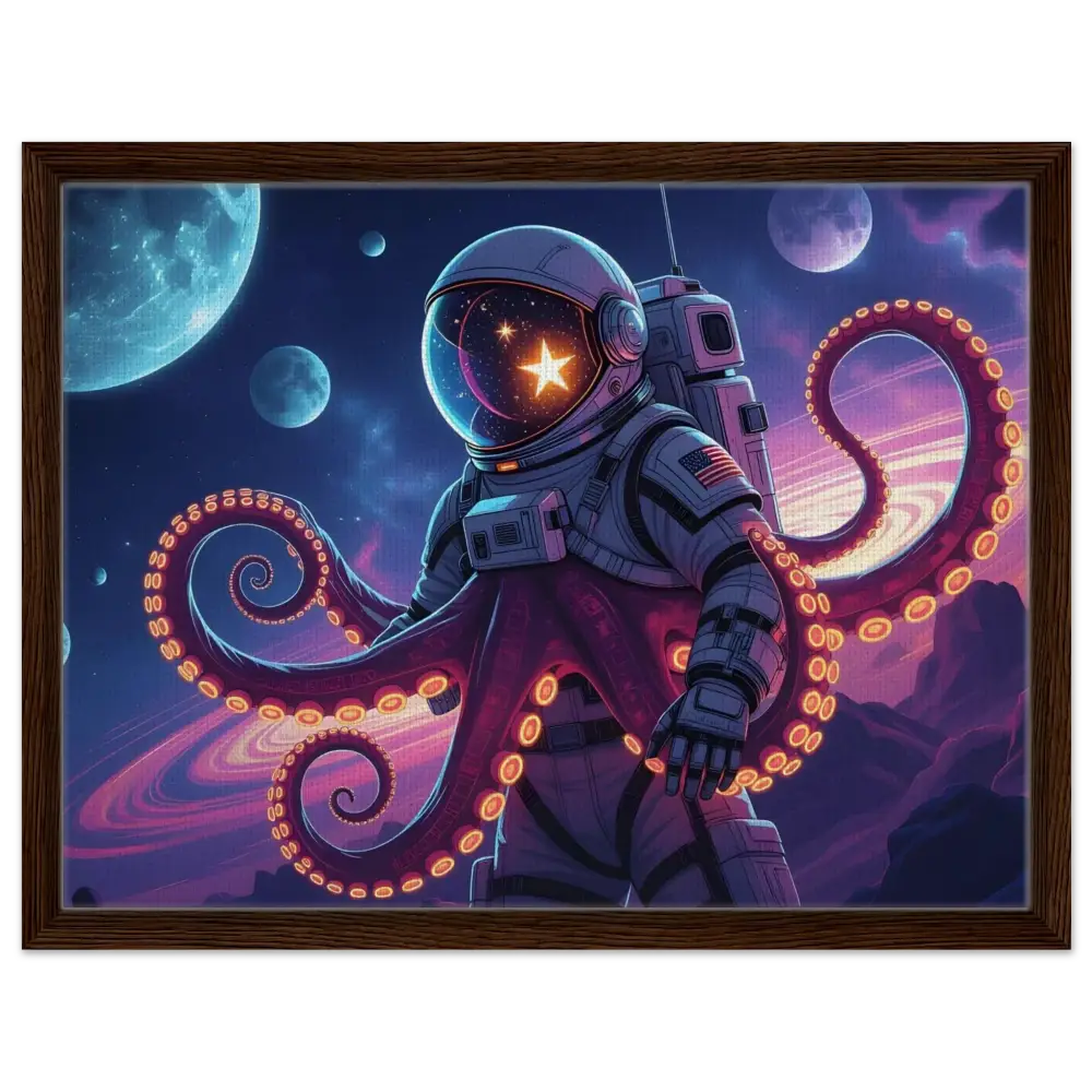 Framed astronaut octopus artwork on canvas in Space Octonaut design by PixiOnyx