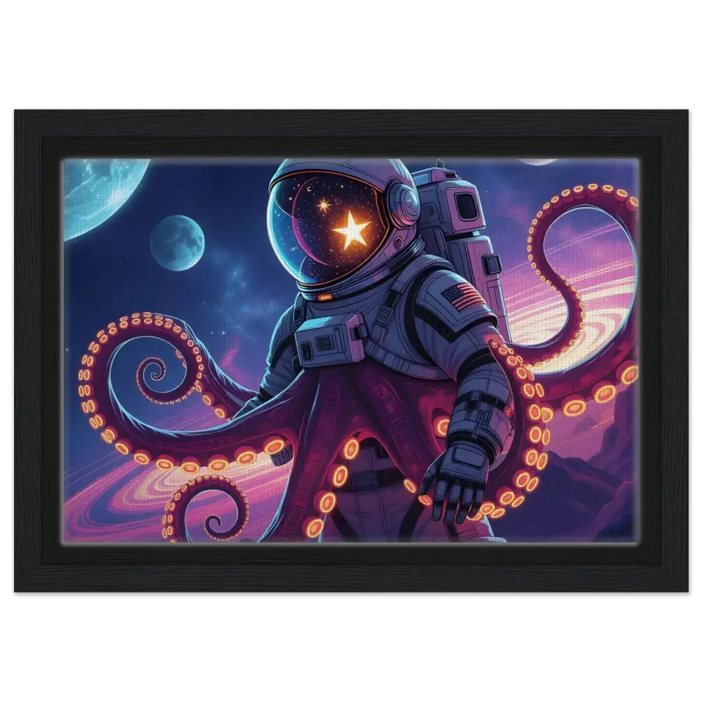 Framed astronaut octopus artwork on canvas from PixiOnyx Deep-Space Drop collection