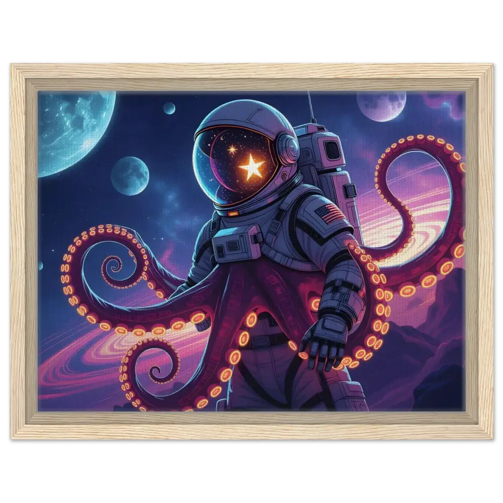 Framed Space Octonaut artwork featuring an astronaut octopus on canvas wall decor