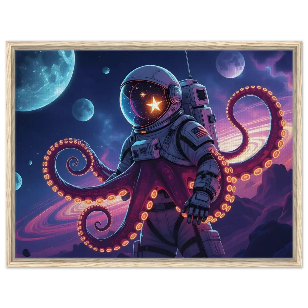 Framed astronaut octopus artwork on canvas in the PixiOnyx Space Octonaut collection