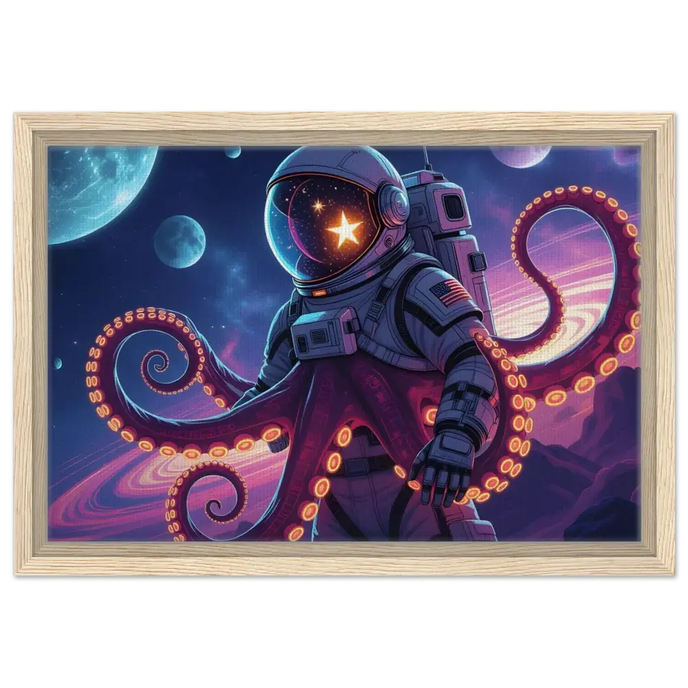 Framed astronaut octopus artwork on canvas for Space Octonaut PixiOnyx Hybrid Deep-Space Drop