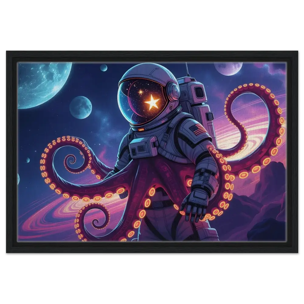 Astronaut with octopus tentacles on framed canvas art for space-themed decor